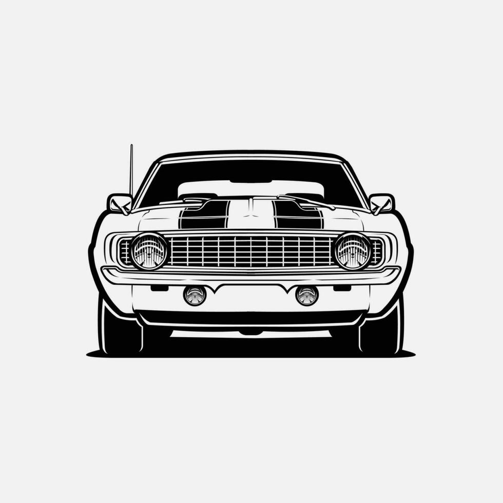 Classic Muscle Car Front View Vector Art Monochrome Silhouette Isolated in White Background