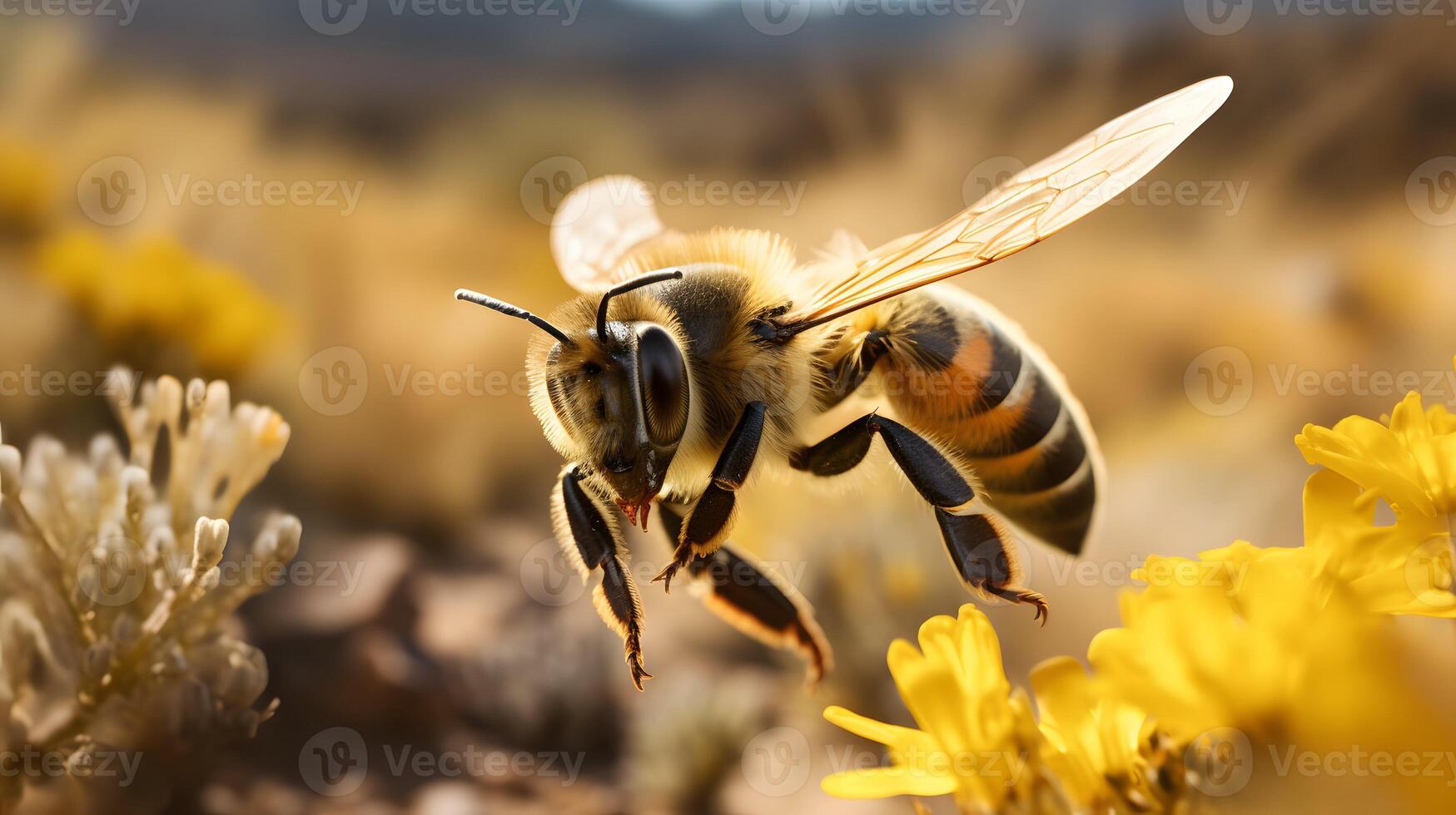 Bee or honeybee, honey comb, background, Generative AI photo