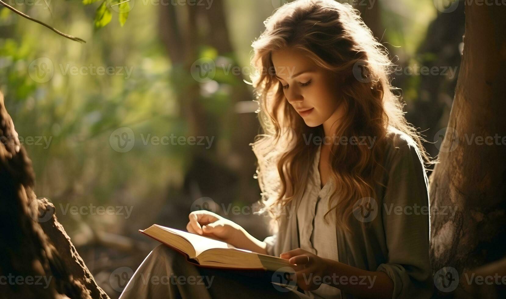 hermosa caucásico niña leyendo santo Biblia libro en selva foto