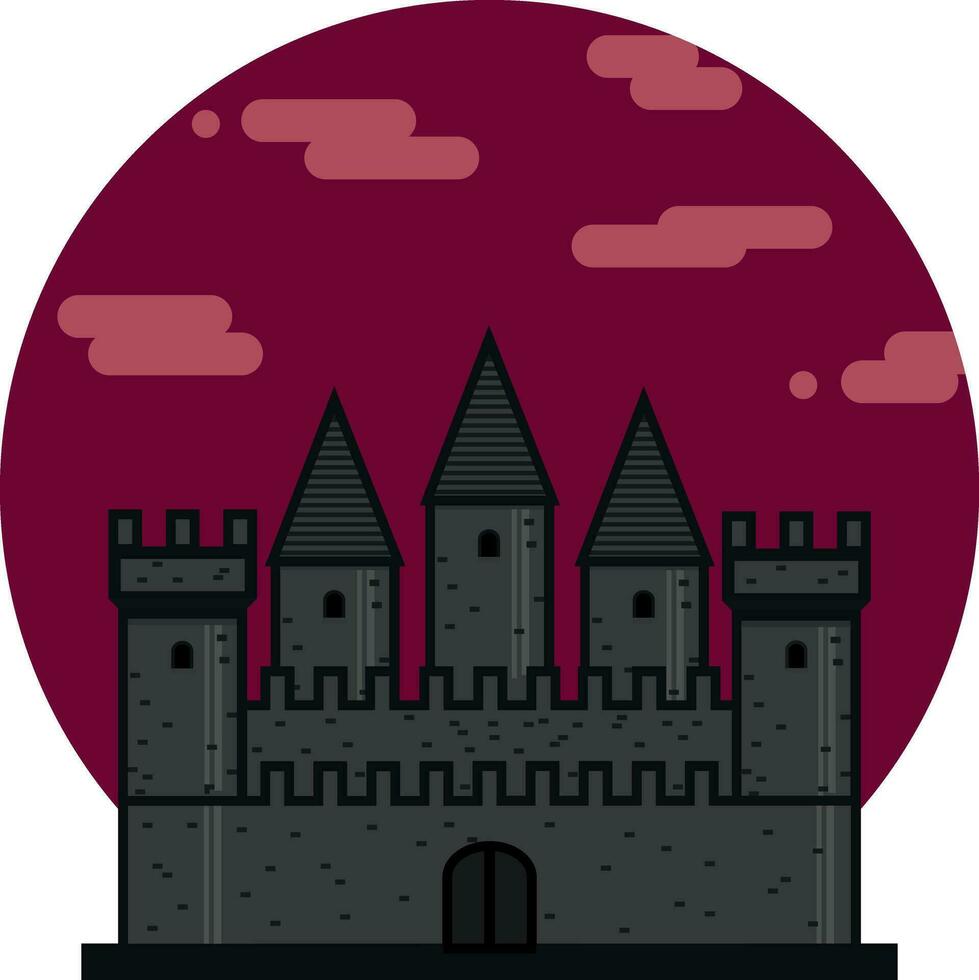 oscuro medieval castillo plano icono. fortaleza en rojo sangriento cielo circulo antecedentes. medieval arquitectura. vector ilustración de Caballero castillo con paredes y torres aislado en blanco antecedentes