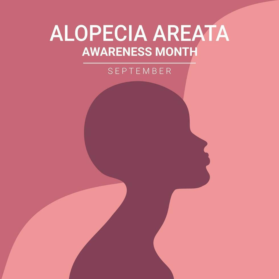 Alopecia awareness month poster. Woman with bald head silhouette. Vector illustration