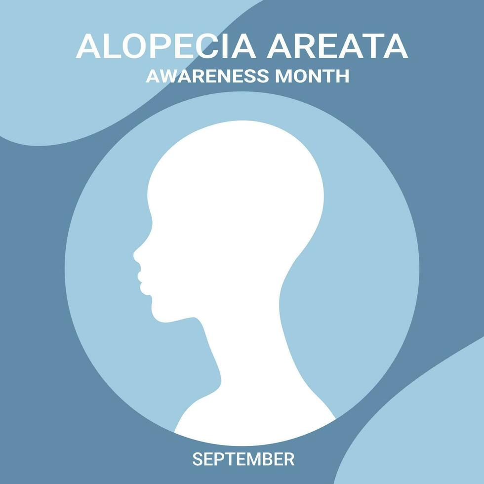 Alopecia awareness month poster. Woman with bald head silhouette. Vector illustration