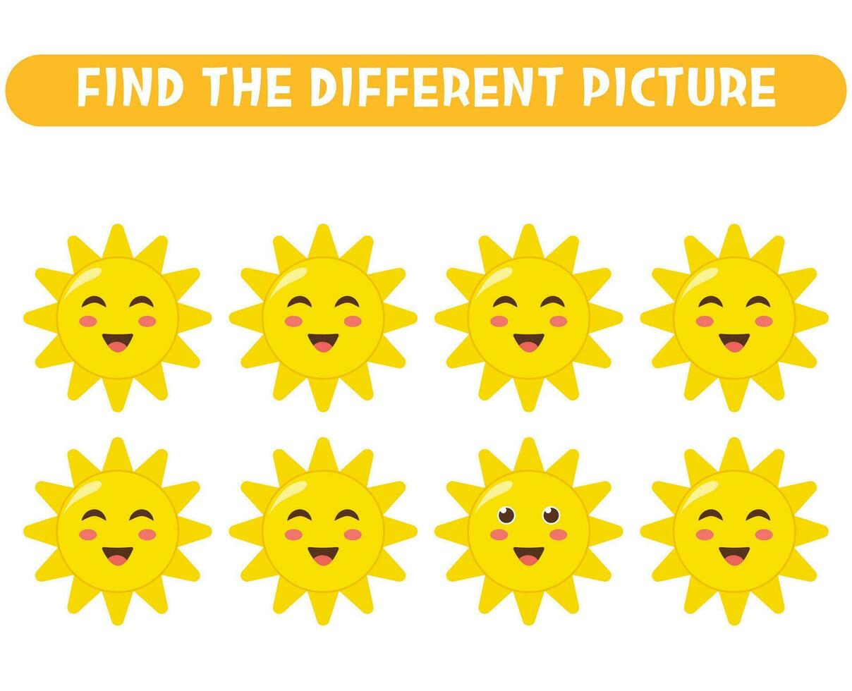 Find the different picture of cute suns Educational game Worksheet for kids vector