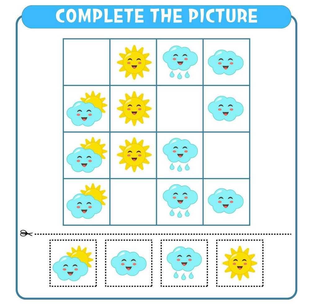 Complete the picture of sun and cloud. Educational game Worksheet for kids Sudoku vector