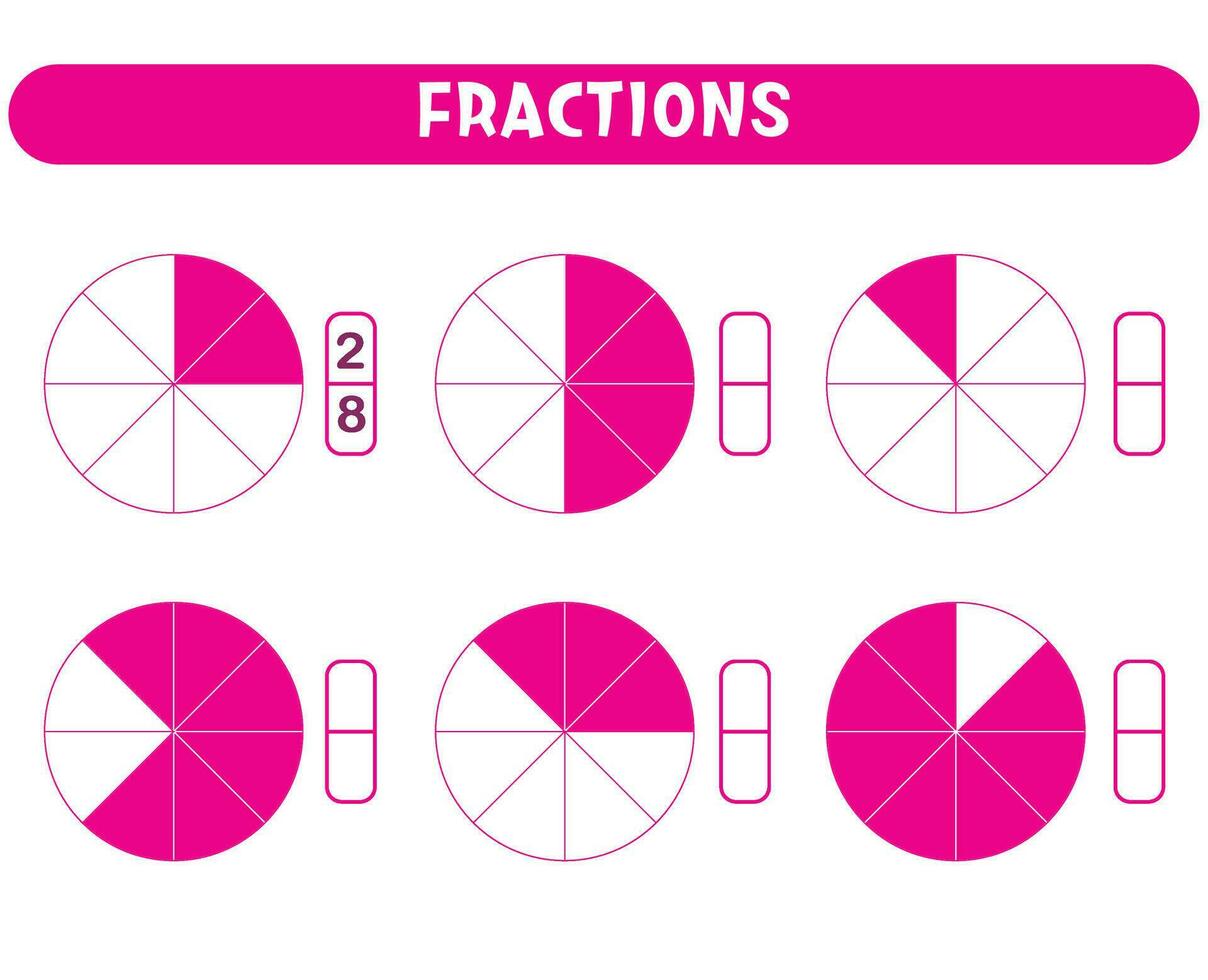 Educational game for kids, math fraction worksheet. vector