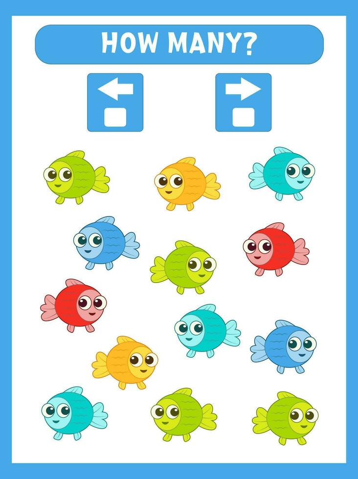 Math game for kids. How many fish turned left and right. Printable worksheets. vector