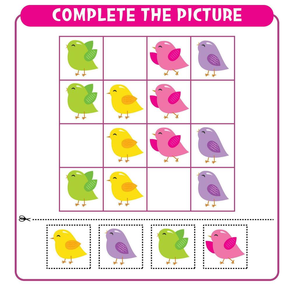 Complete the picture colorful birds. Educational game Worksheet for kids Sudoku vector