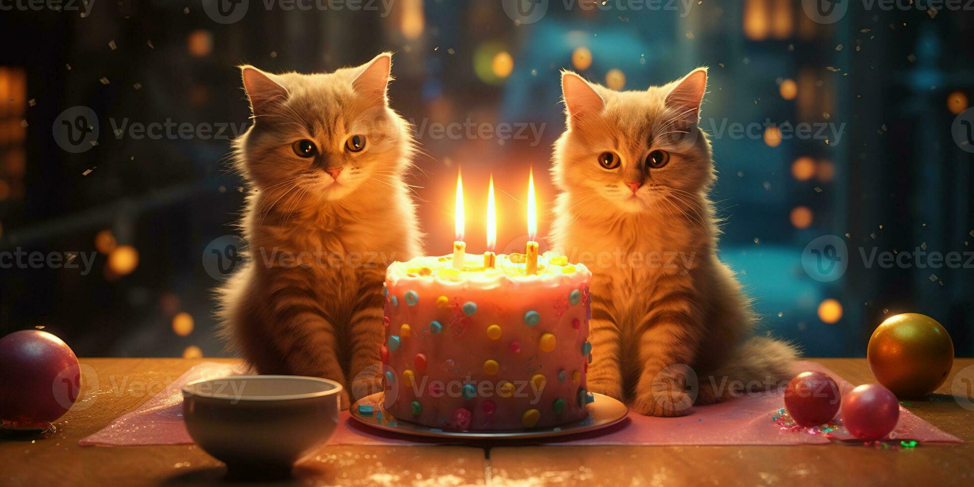 Generative AI, Cat birthday party, cake with a candles photo