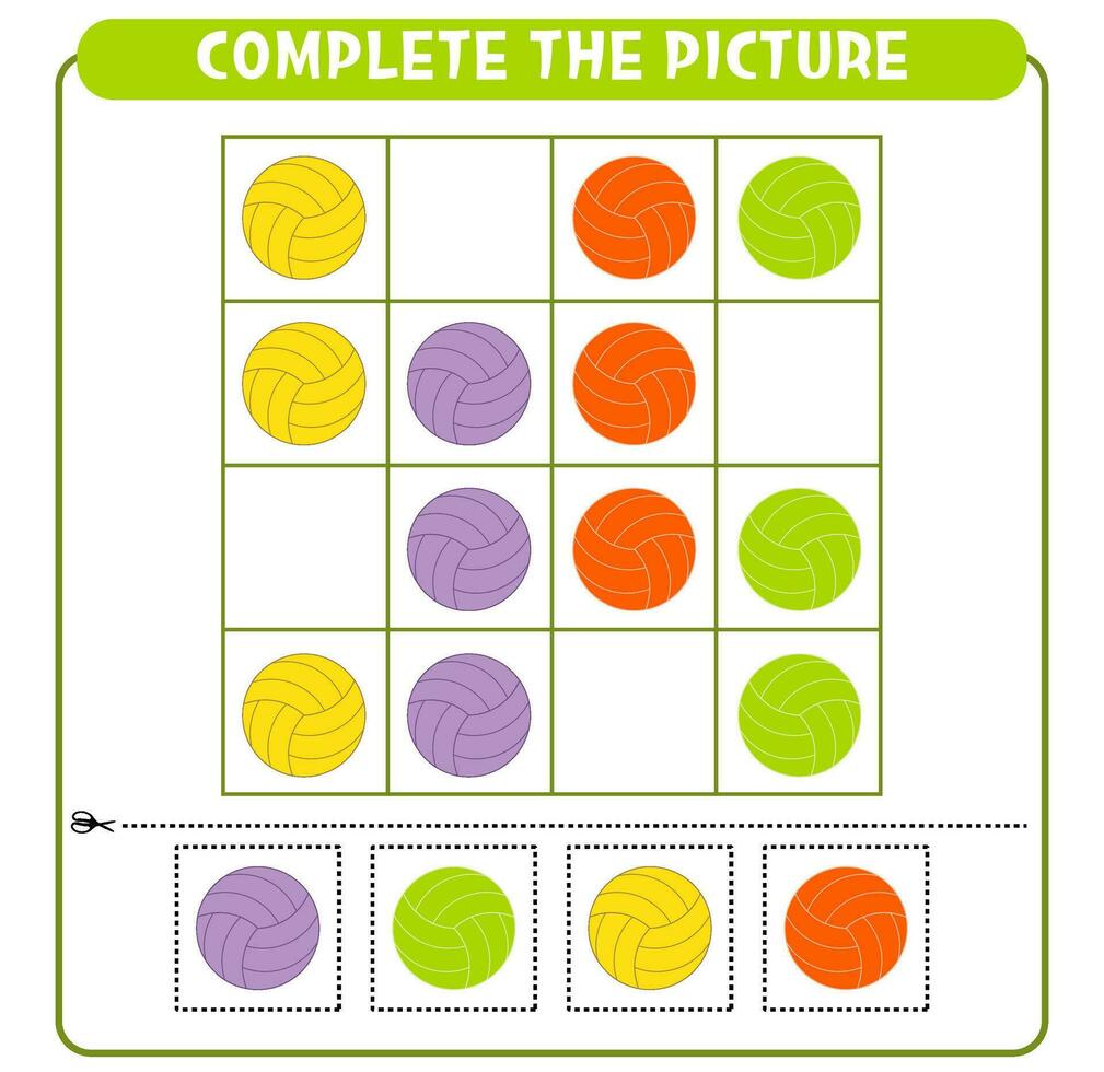 Complete the picture colorful balls. Educational game Worksheet for kids Sudoku vector