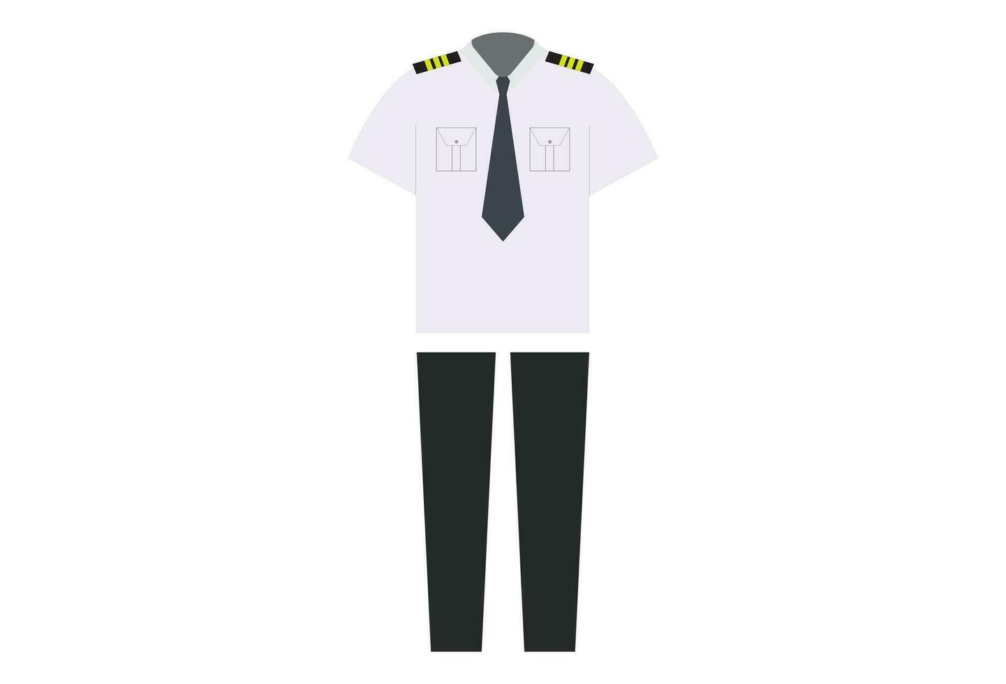 pilot uniform, typically consists of a navy blue or black suit-style jacket with gold or silver stripes on the sleeves, matching pants, and a white dress shirt. The uniform is designed to create a vector