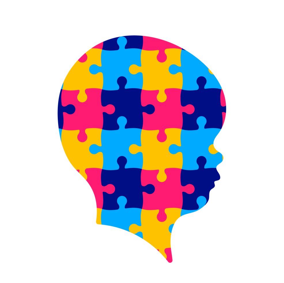 World autism awareness day autism puzzle piece kids head png design template celebrated in 2 April. use to background, banner, card, greeting card, poster, book cover, placard, photo frame, template.