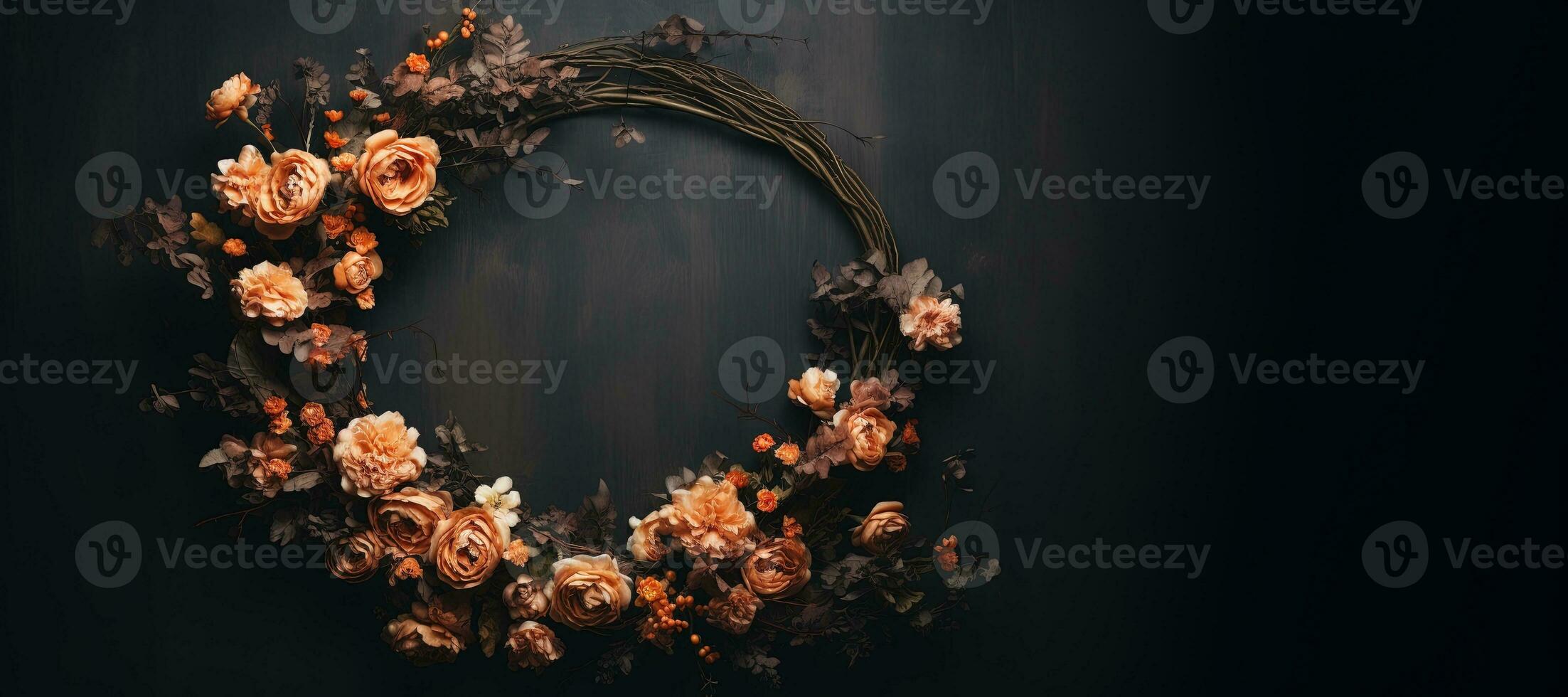 Generative AI, Close up wreath, blooming flowerbeds of amazing orange flowers on dark moody floral textured background. photo