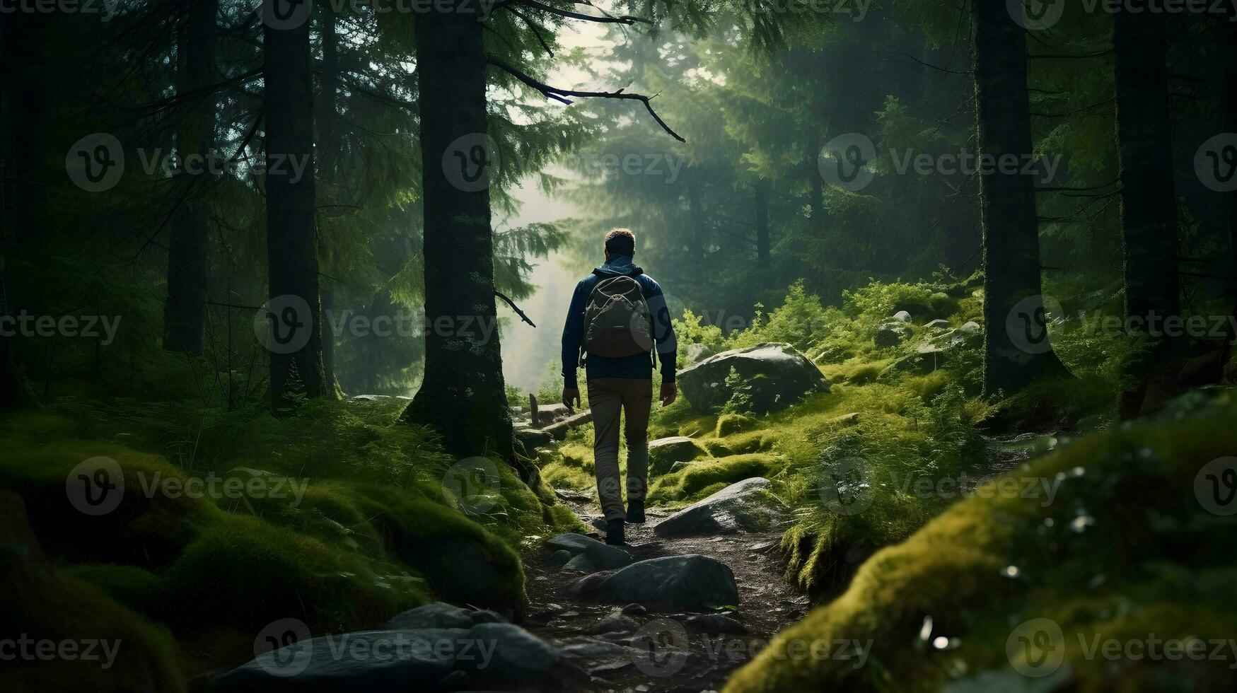 Back view of man hiking in the woods. photo