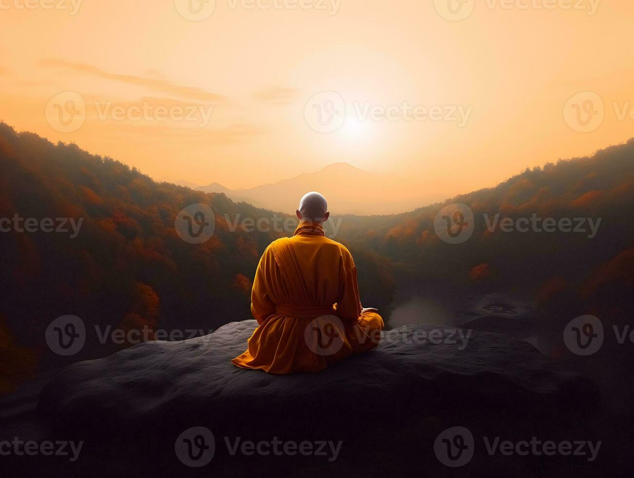 Buddhist monk in meditation on mountaintop at beautiful sunset or sunrise photo
