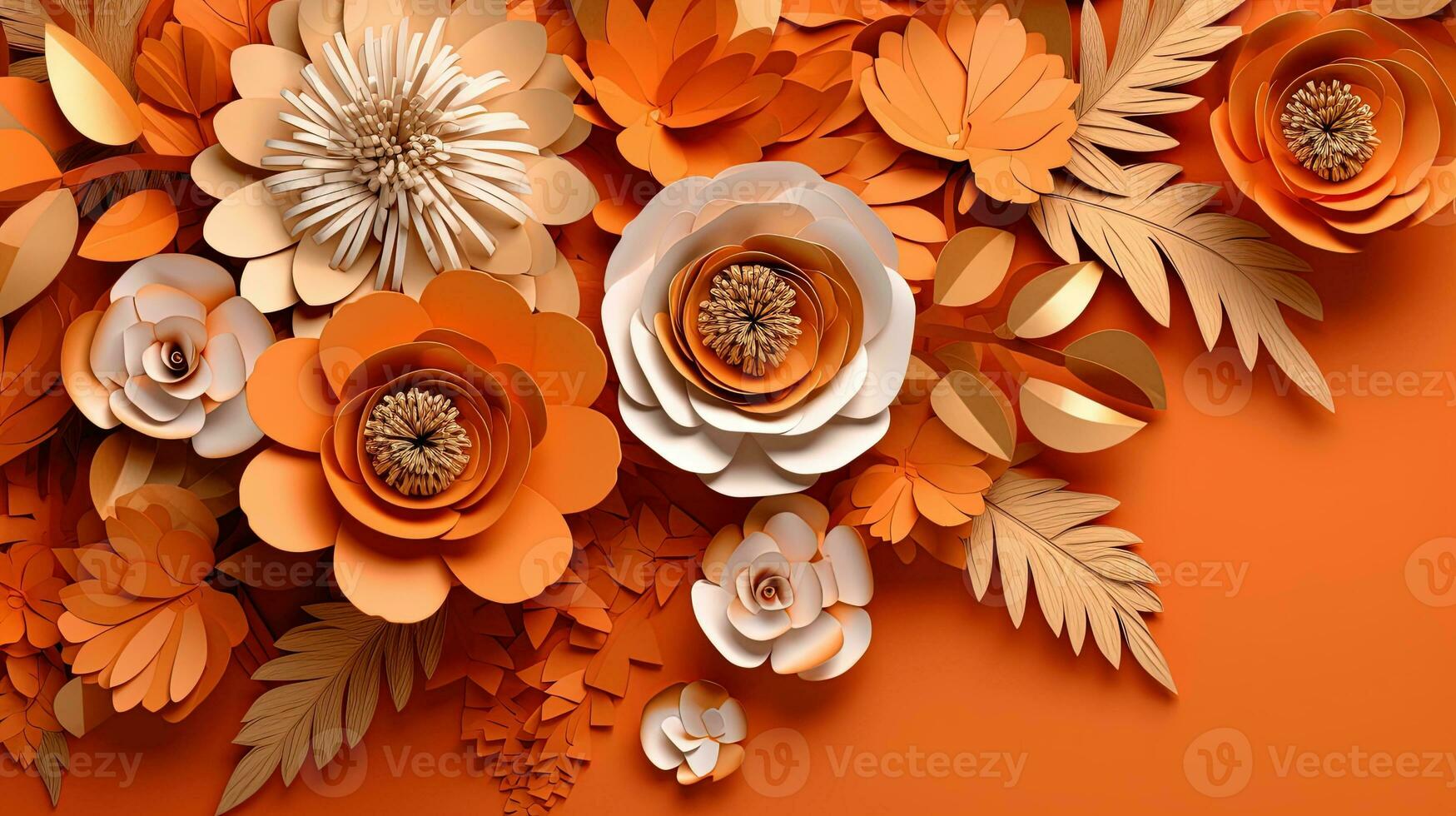 Generative AI, Paper cut craft flowers and leaves, apricot crush orange color, origami textured background, spring mood. Floral frame layout.. photo