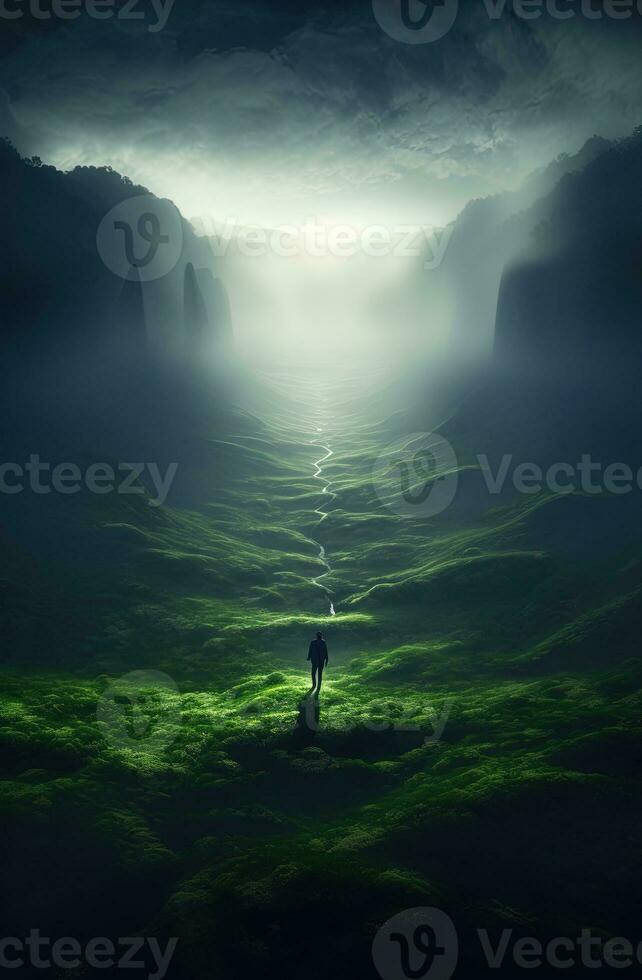 generativo ai, escénico verde colinas en el nubes, hermosa naturaleza paisaje aéreo panorama, montañas, aéreo fotografía foto