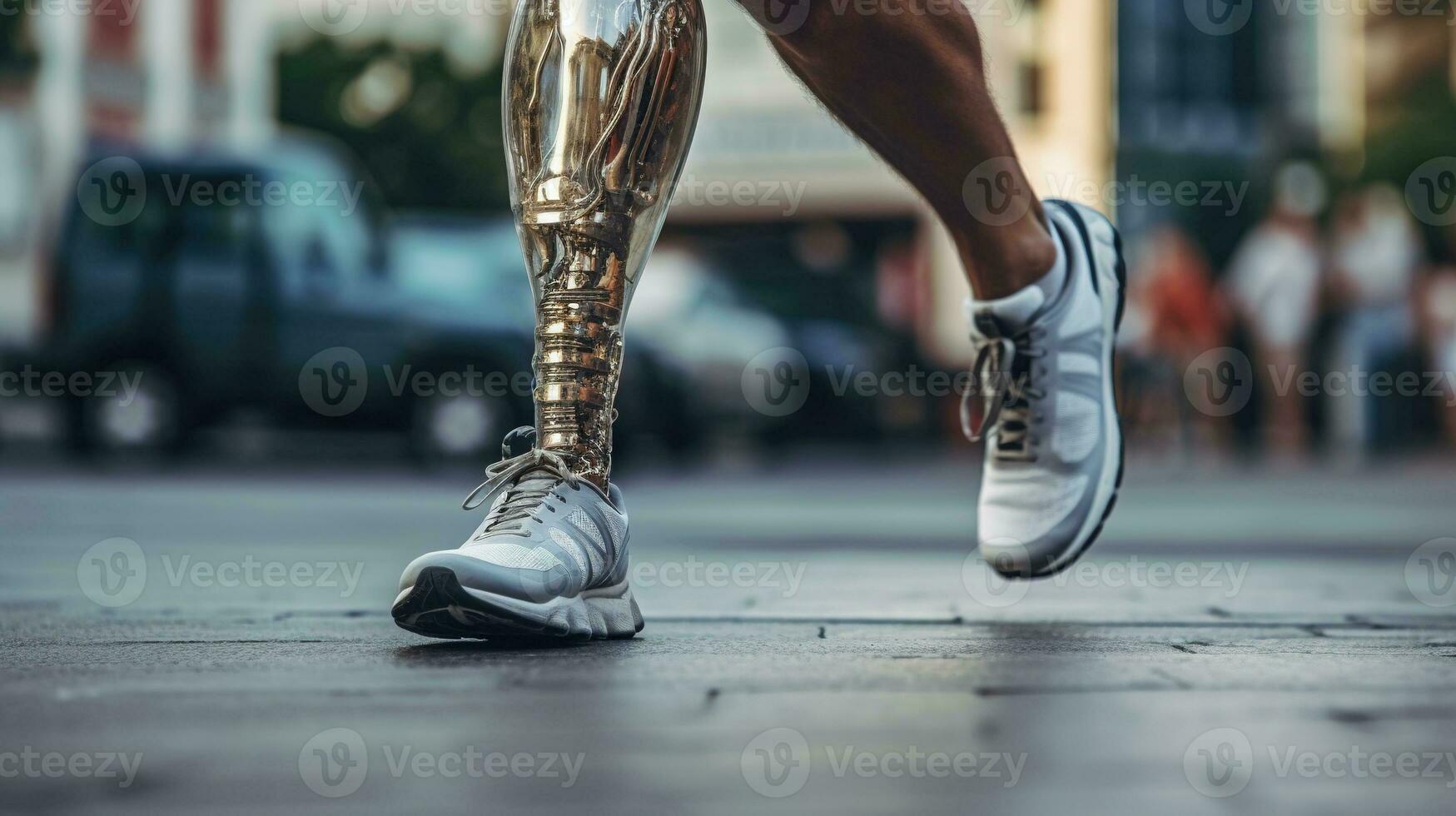 Generative AI, person with disability, prosthetic limb running and does not feel obstacles photo