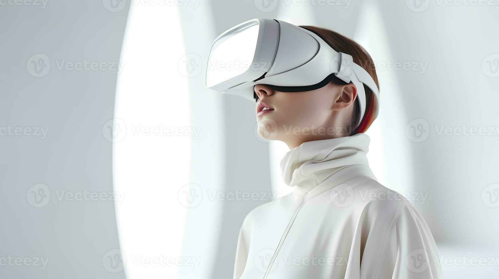 Young woman wearing a mixed reality headset and experiencing simulation, metaverse and cyberspace. photo