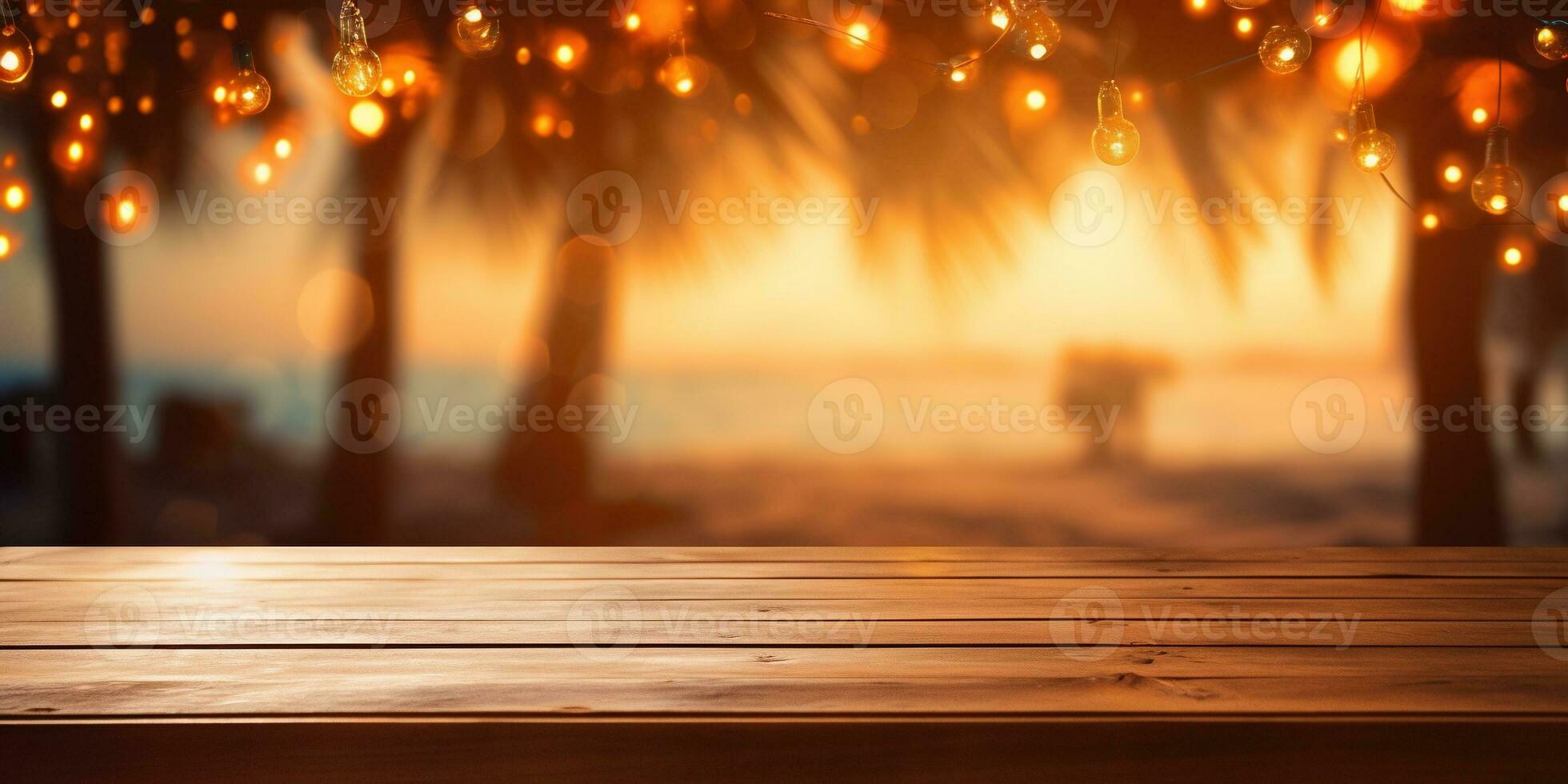 Generative AI, Tropical summer sunset beach bar background. Wooden table top product display showcase empty stage. photo