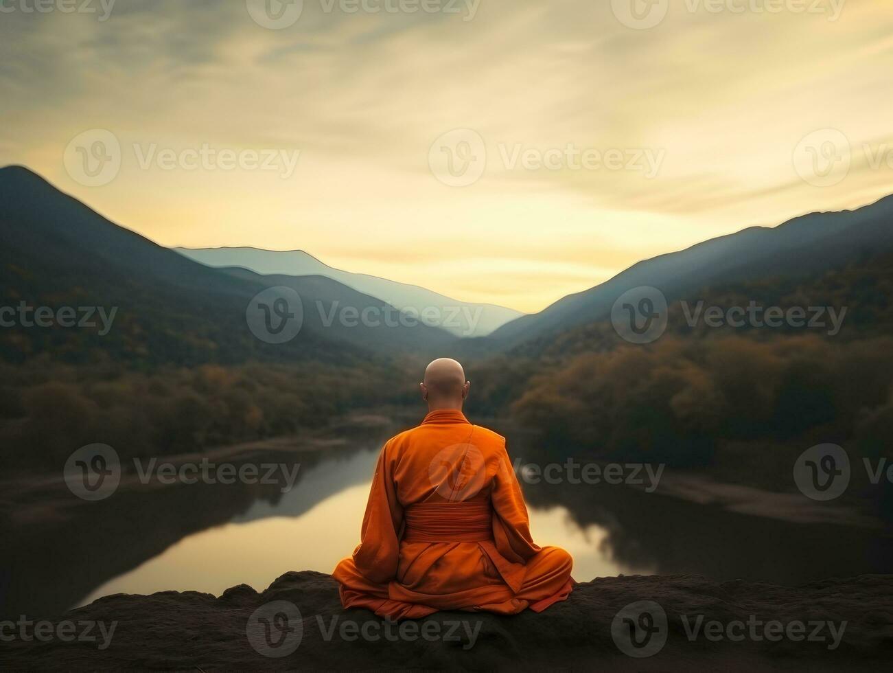 Buddhist monk in meditation on mountaintop at beautiful sunset or sunrise photo