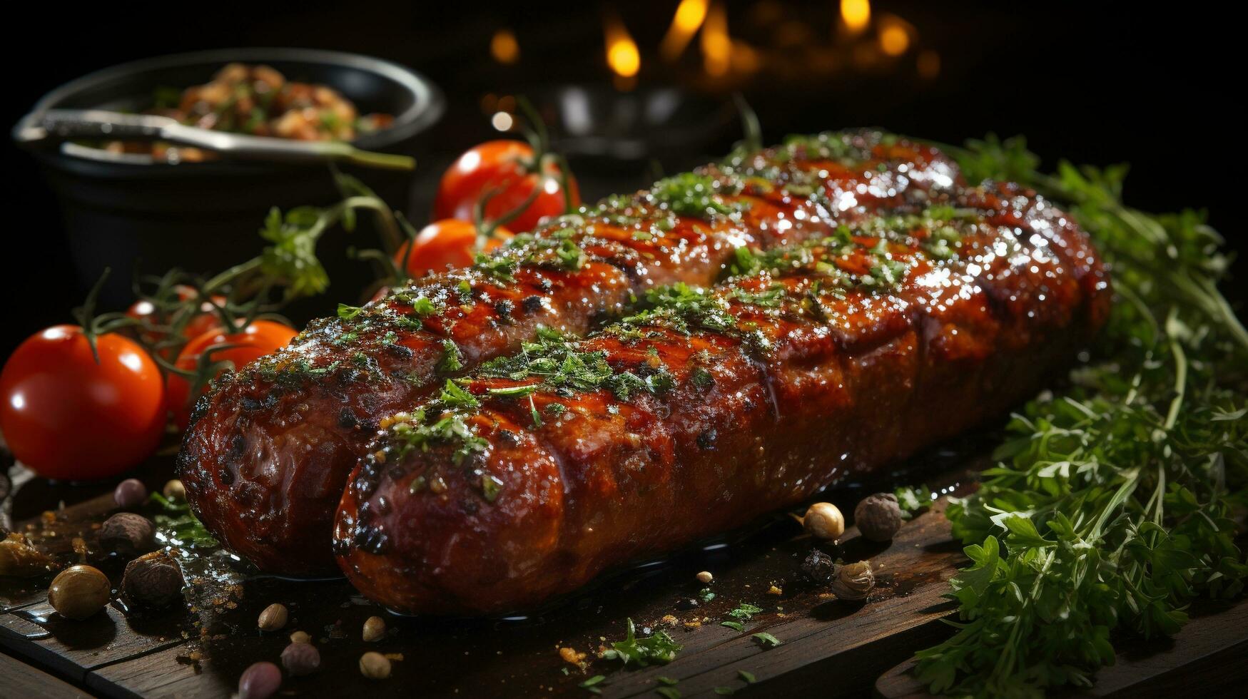 Generative AI, Grilled meat on a plate, dark background, barbeque food photo