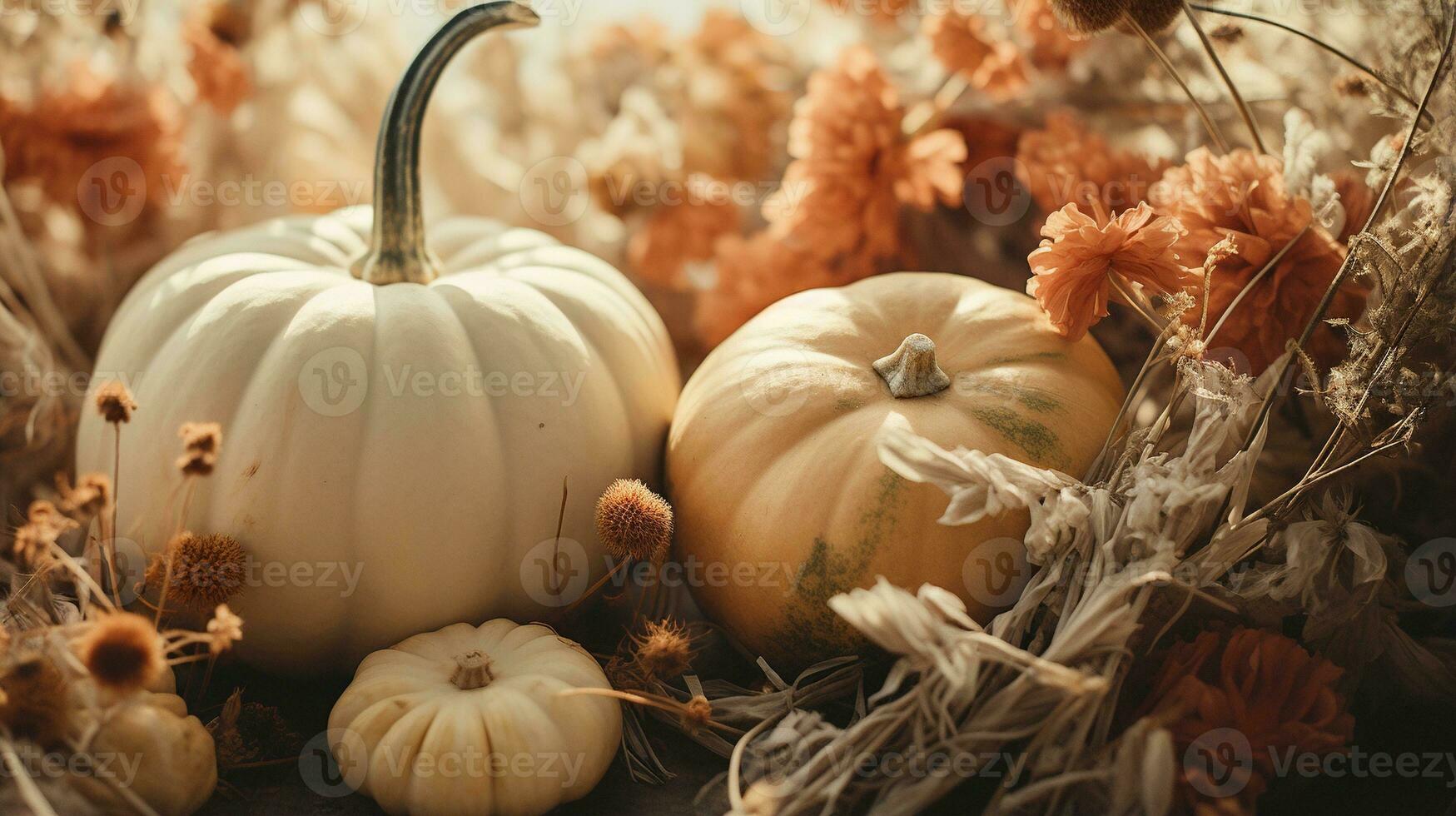 Generative AI, Halloween and Thanksgiving decoration for home and celebration concept, pumpkins and plants, autumn background photo