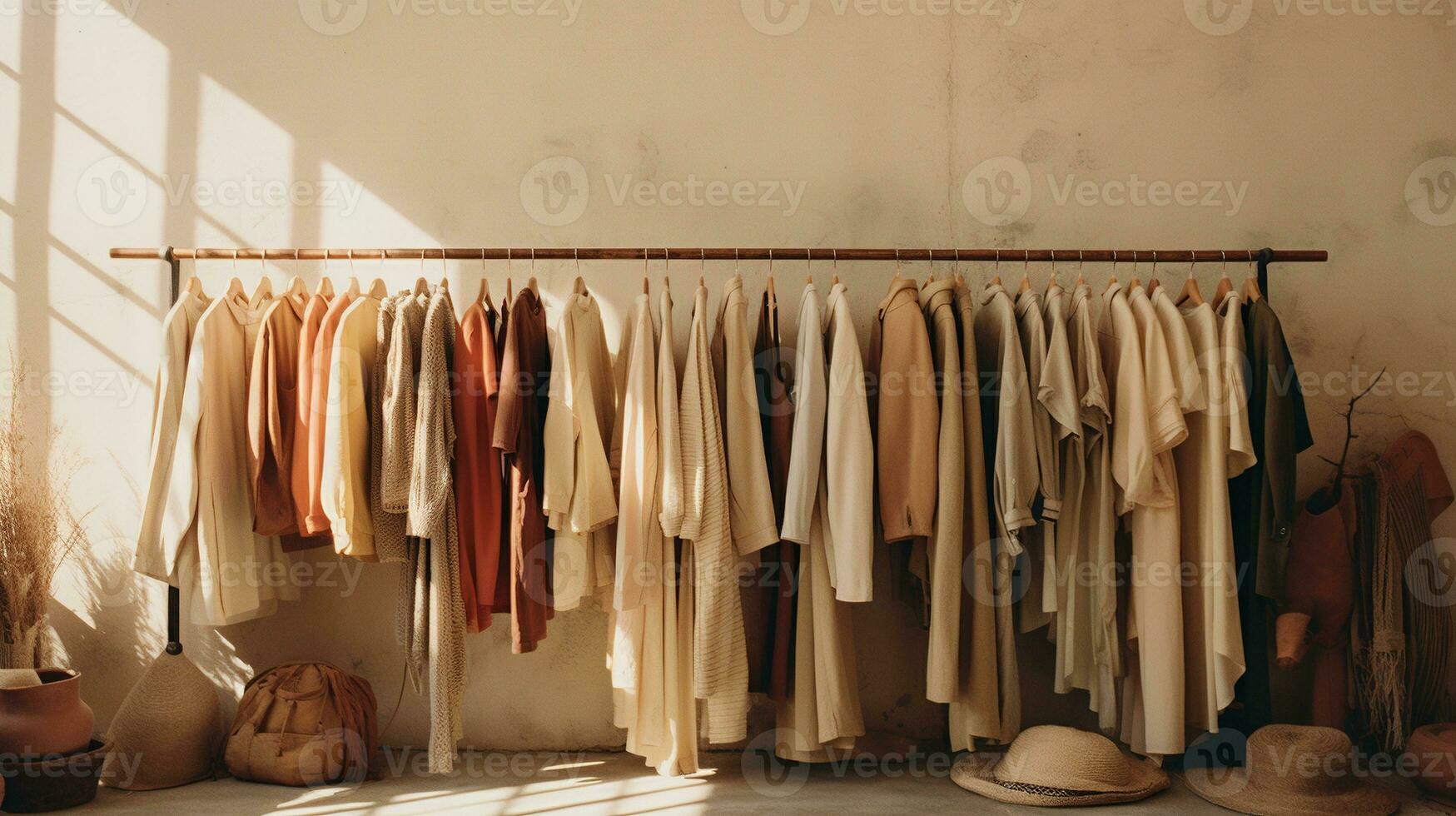 Generative AI, Cloth store aesthetic background, photo of clothes hanging on hangers, muted neutral colors