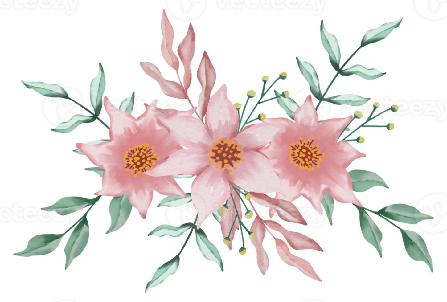 Pink flowers and green leaves bouquet png