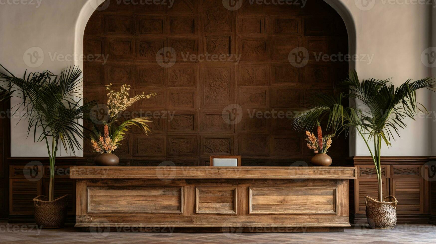 Generative AI, Front desk of boho hotel, wooden reception photo