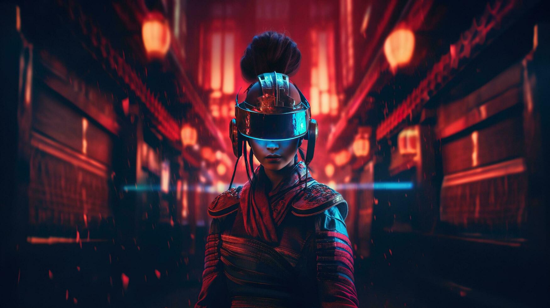 Generative AI, beautiful asian person in samurai suit in VR glasses in neon space street, virtual reality headset in cyberspace photo