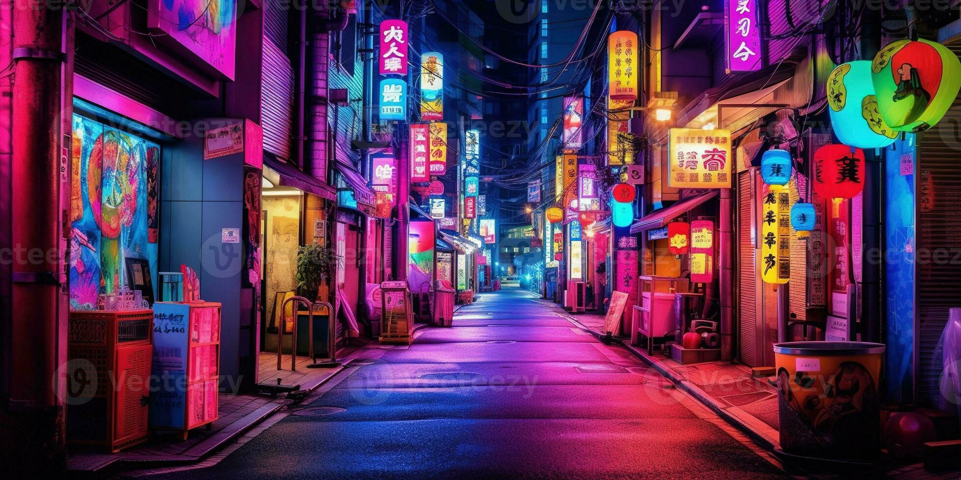 Generative AI, Night scene of big city in cyberpunk style, futuristic nostalgic 80s, 90s. Neon lights vibrant colors, photorealistic horizontal illustration. photo