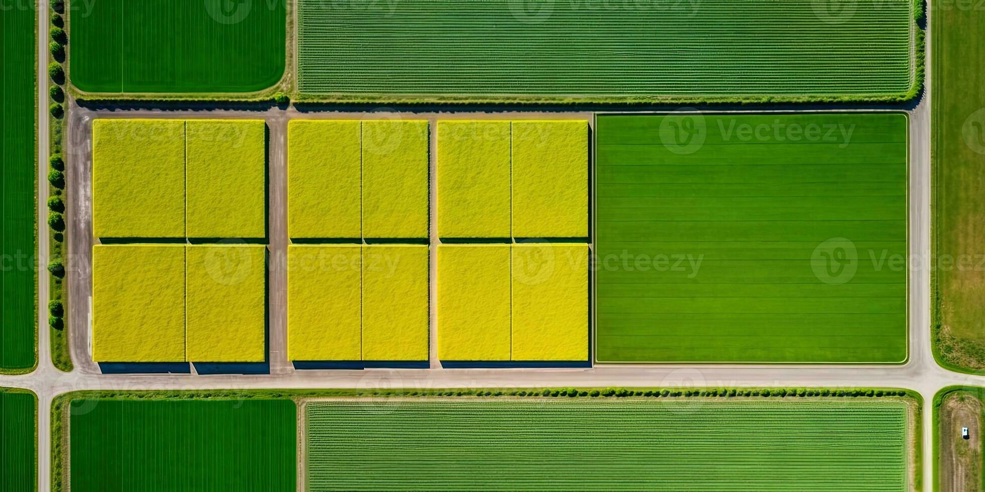 Generative AI, Farm landscape, agricultural fields, beautiful countryside, country road. Nature Illustration, photorealistic top view drone, horizontal banner. photo