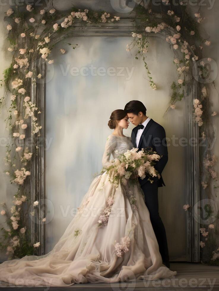 Wedding backdrop background illustration design, couple in love, marriage, bride, Generative AI photo