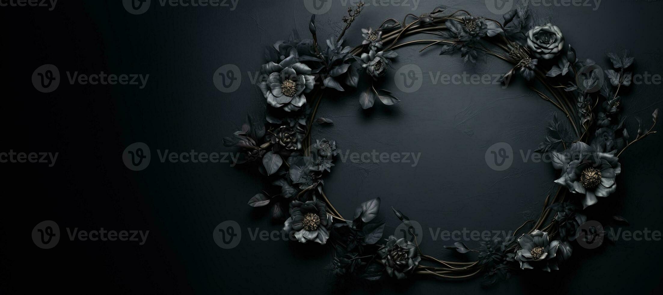 Generative AI, Close up wreath, blooming flowerbeds of amazing black flowers on dark moody floral textured background. photo
