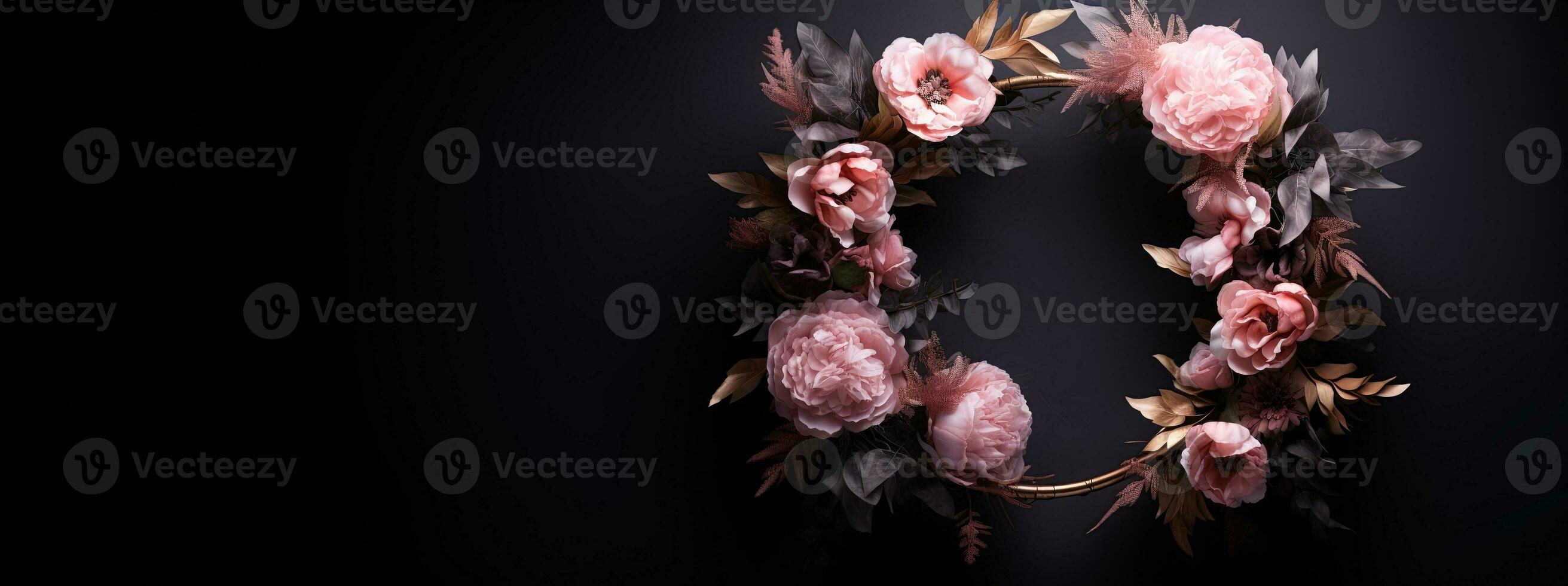 Generative AI, Close up wreath, blooming flowerbeds of amazing pink flowers on dark moody floral textured background. photo