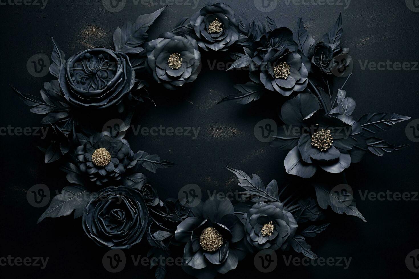 Generative AI, Close up wreath, blooming flowerbeds of amazing black flowers on dark moody floral textured background. photo