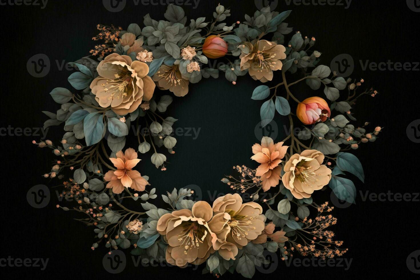 Generative AI, Close up wreath, blooming flowerbeds of amazing apricot and orange flowers on dark moody floral textured background. photo