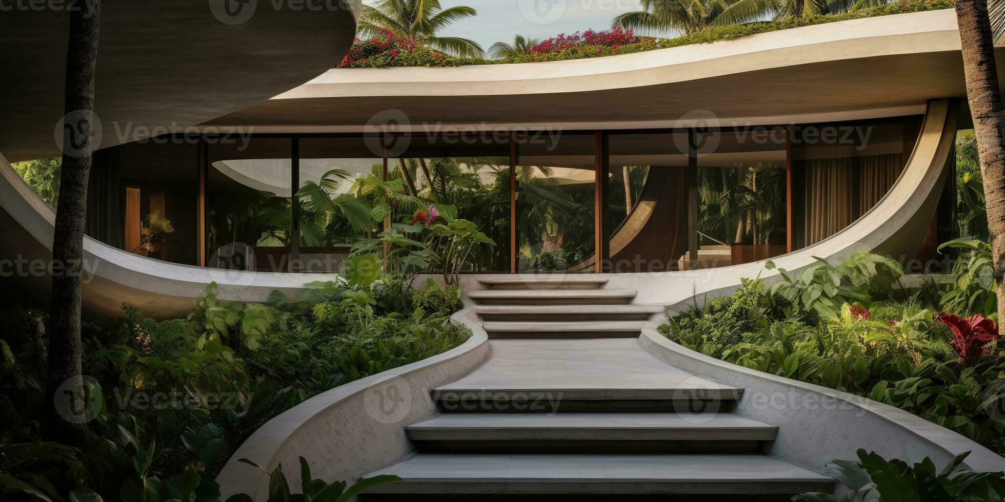 Generative AI, modern luxury house with lush tropical garden. Villa, hotel resort, architectural photography in the style of futuristic curves photo