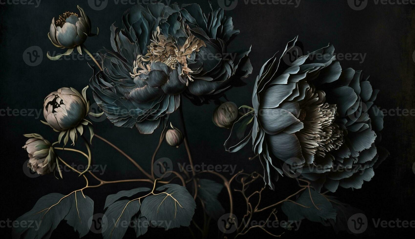 Generative AI, Close up of blooming flowerbeds of amazing black flowers on dark gothic moody floral textured background. Photorealistic effect photo