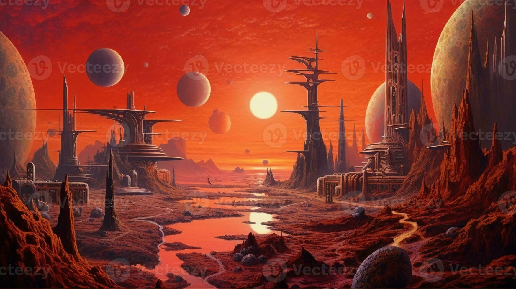 Generative AI, Surreal view from the orange planet landscape, sci-fi illustration, red martian terrain. photo