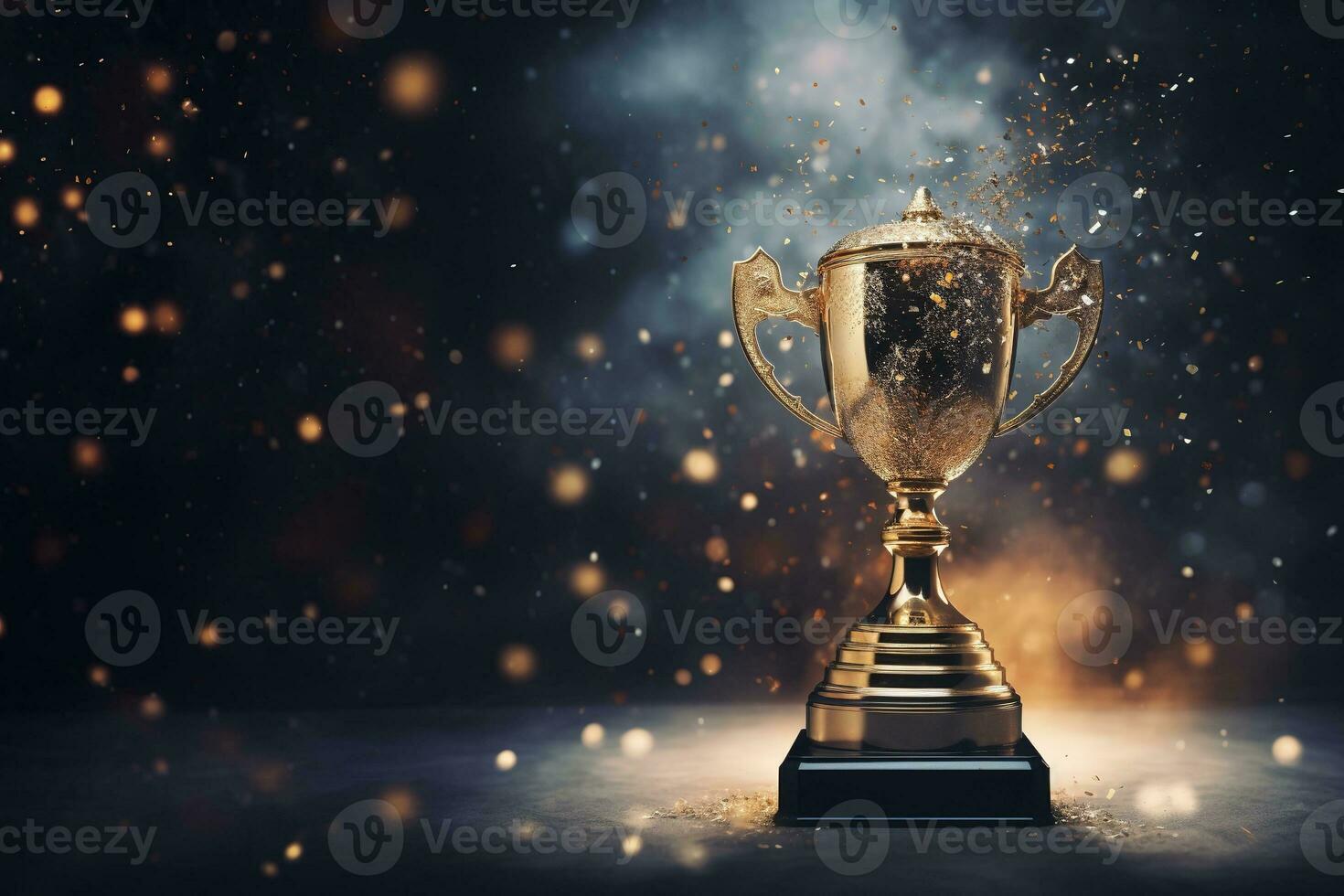 Generative AI, Winner trophy with flames, golden champion cup with falling confetti on dark background photo