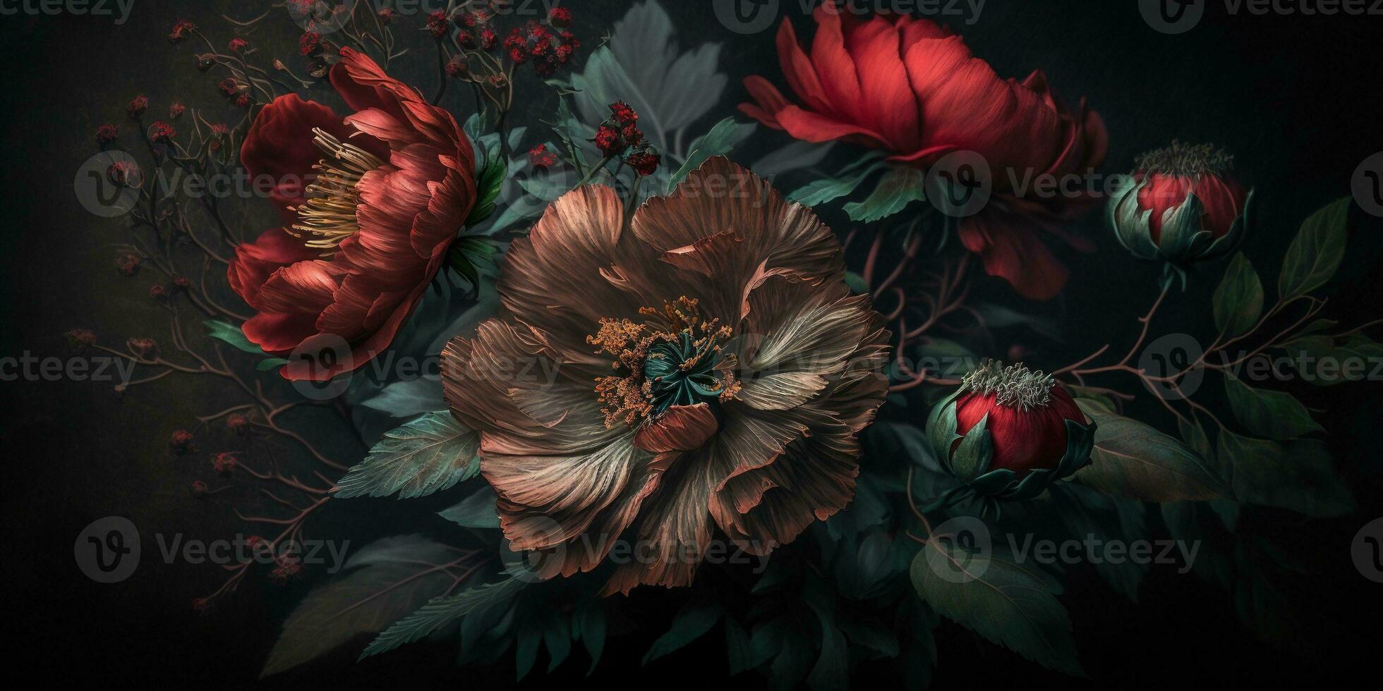 Generative AI, Close up of blooming flowerbeds of amazing red color flowers on dark moody floral textured background. Photorealistic effect.. photo