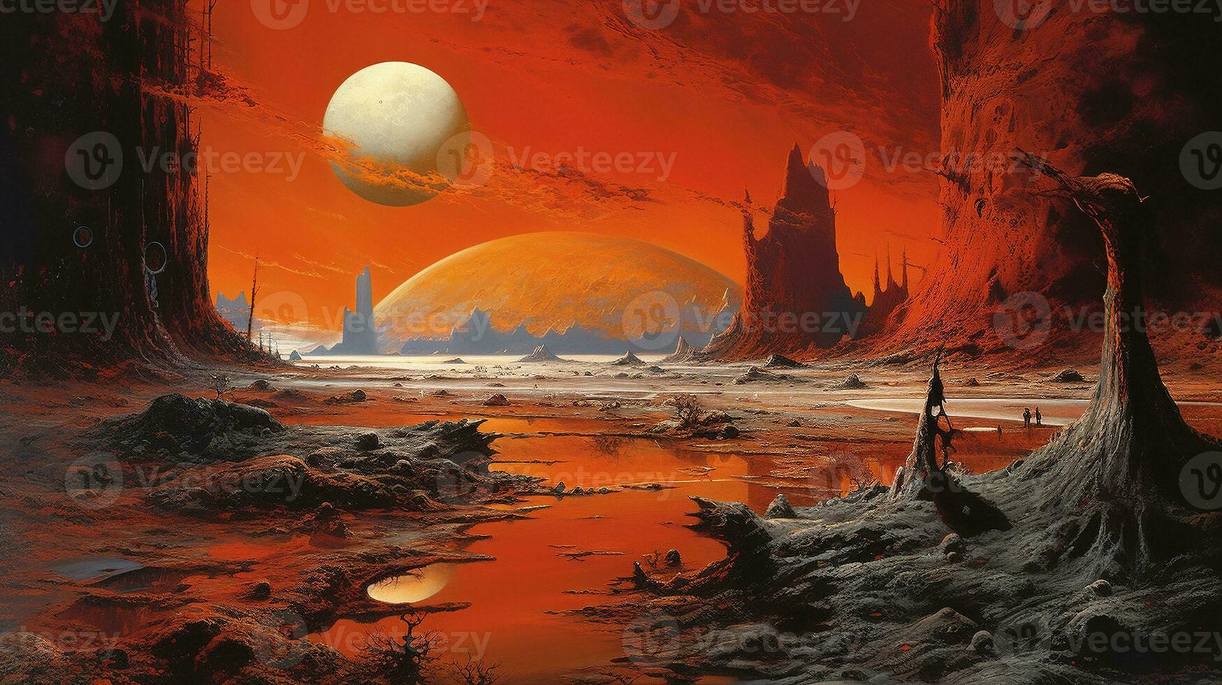 Generative AI, Surreal view from the orange planet landscape, sci-fi illustration, red martian terrain. photo