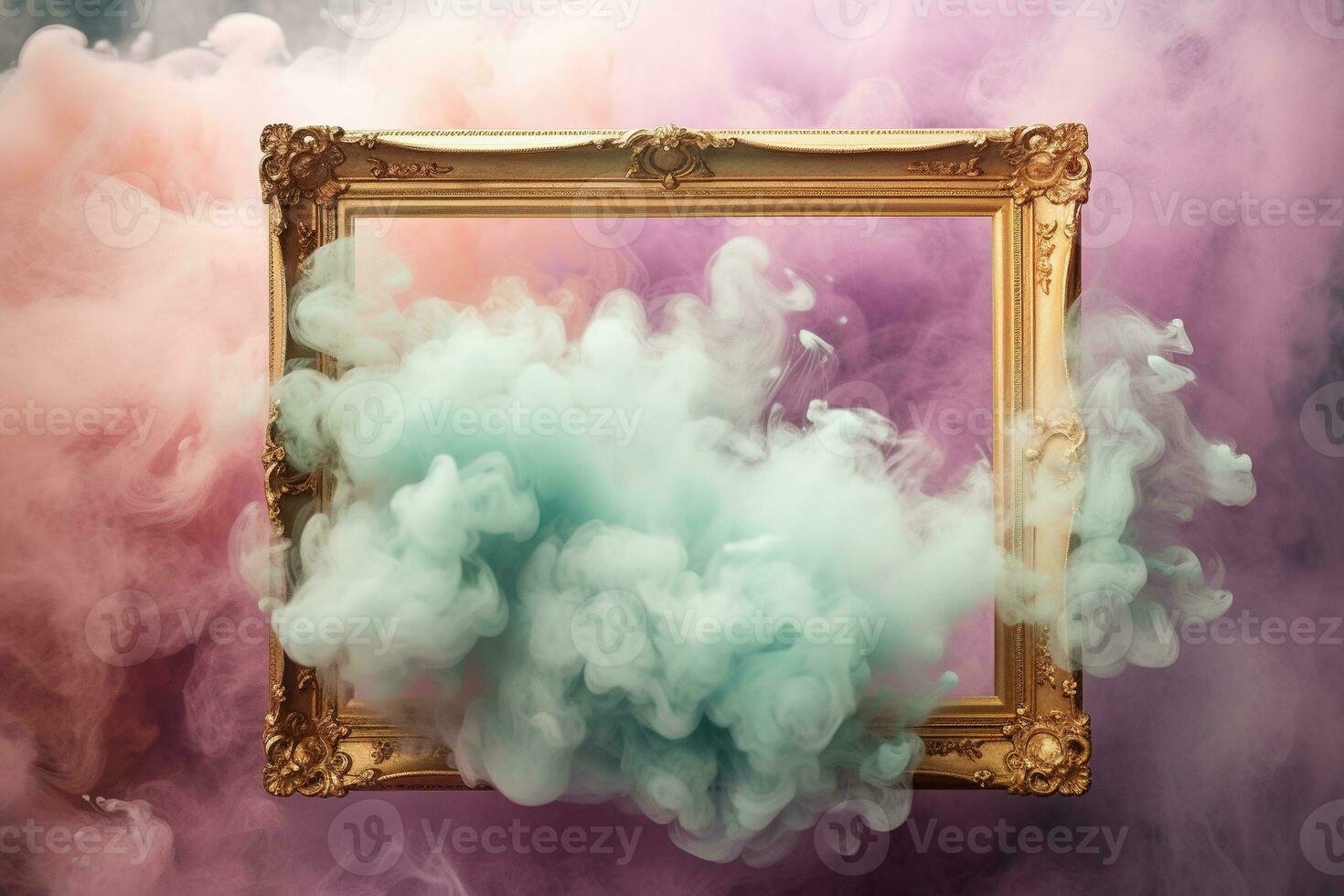 Generative AI, pastel light smoke around empty vintage beautiful frame. photo