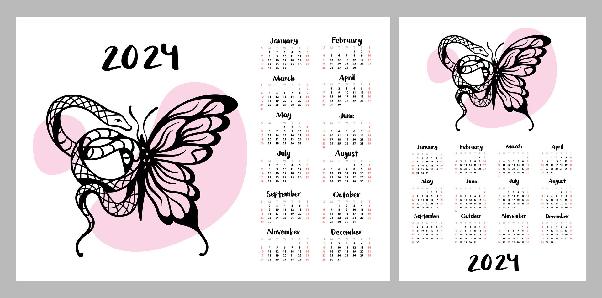 calendario diseño para 2024. chicas' tatuajes de un mariposa con un