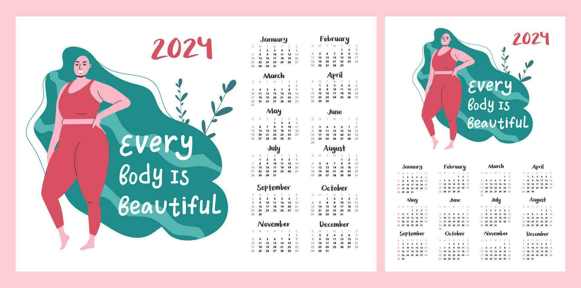 calendario diseño para 2024. un hermosa rechoncho niña para un cuerpo positivo. horizontal y vertical impresión modelo vector