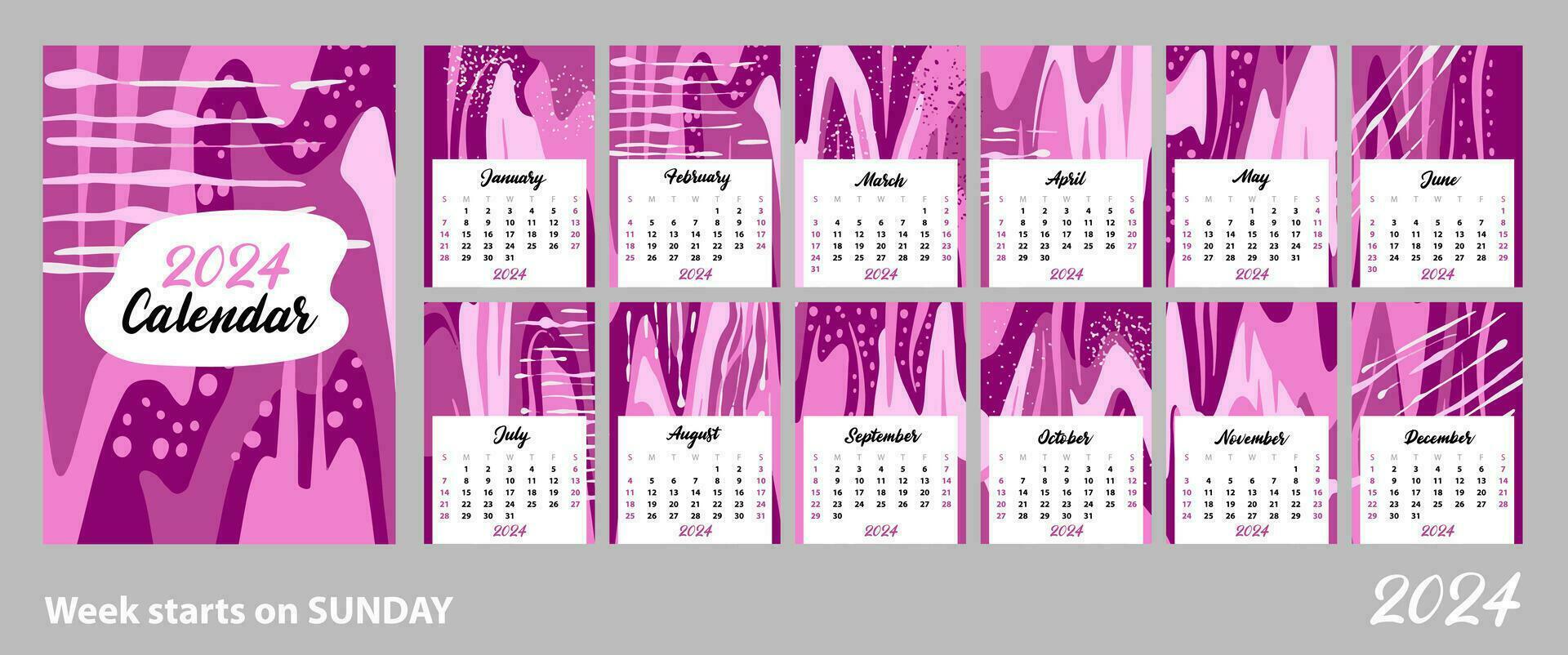 Abstract calendar of 2024. Bright pink spots and waves. The week starts on Sunday. Layout for printing A4,A5 vector