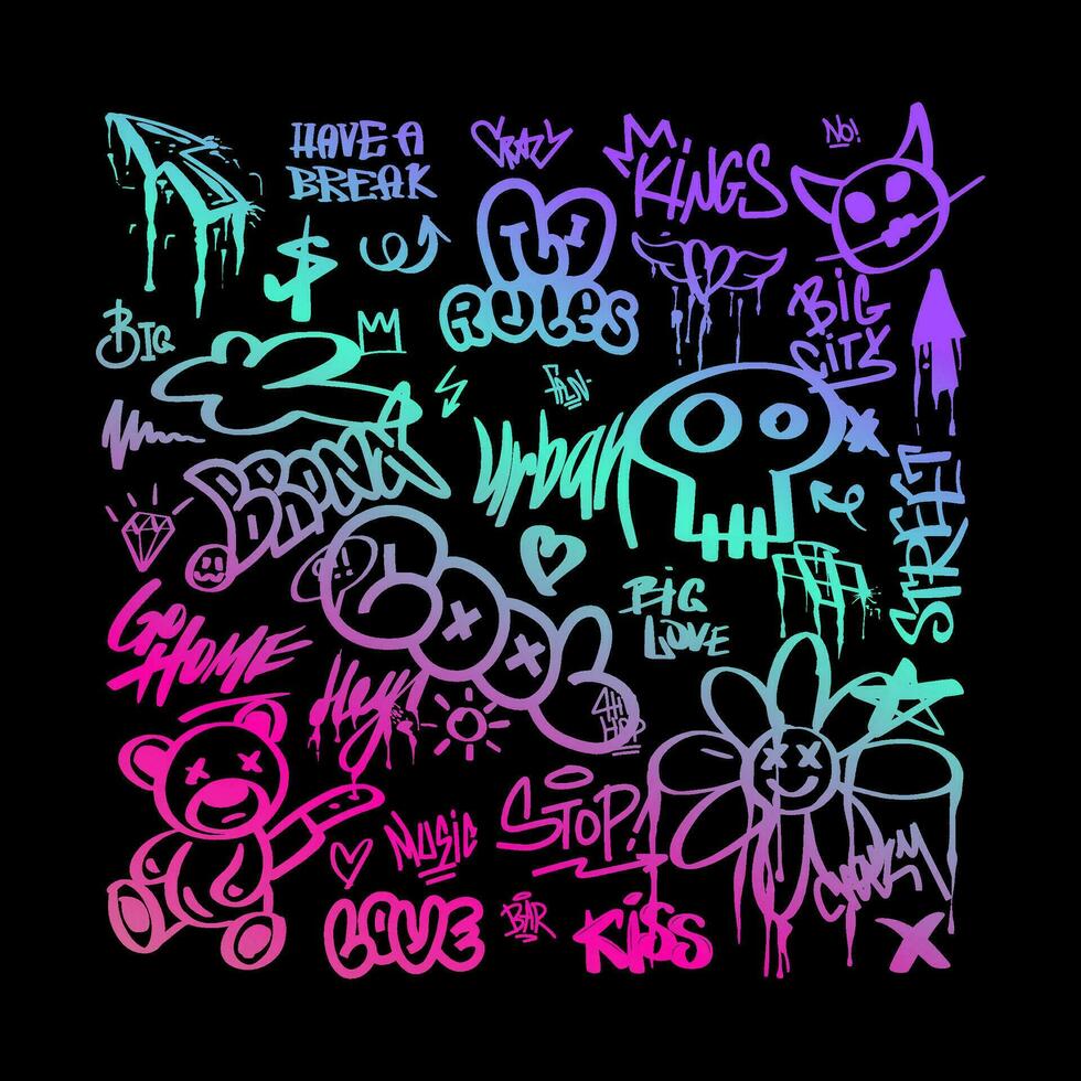 A set of graffiti in the style of the 2000s. Girls' transferable temporary tattoos with a gradient. vector illustration