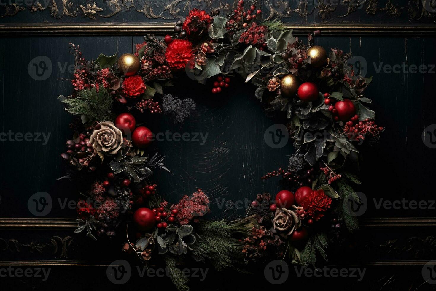 Generative AI, Close up Christmas wreath, dried branches, red berries, pine, balls and flowers on dark moody floral textured background. photo