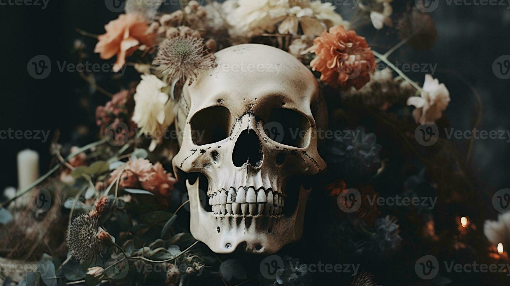 Generative AI, Halloween background with skull, flowers and feathers in boho style, muted neutral colors, home decoration photo